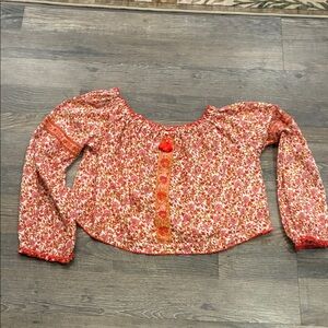 Poupette St. Barth Red Floral Off-Shoulder Blouse Tassel Trim Raised Polka  Dots